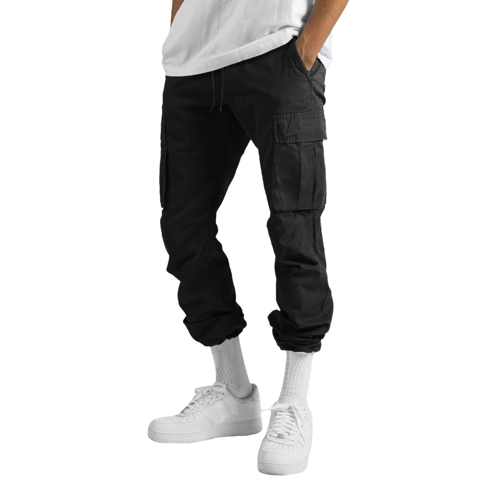 thumbnail image 3 of Pantalones cargo de ocio urbano para hombre - Diseño de cinta de patchwork - Tejido, cuatro bolsillos - Cintura elástica, ajuste estándar - Ocasiones informales/playa/deporte, 3 of 6
